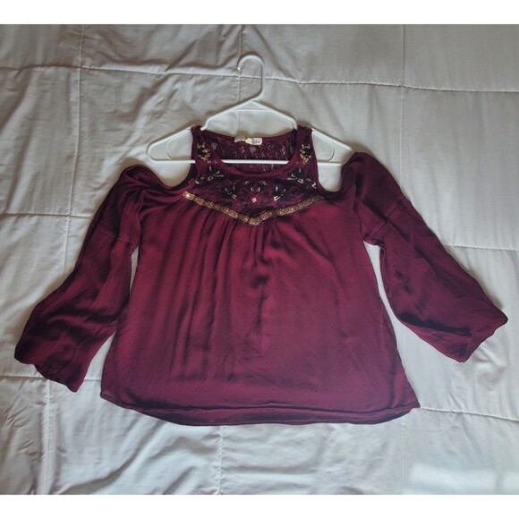 Rewind Womens Cold Shoulder Gauxy Peasant Blouse Red Purple Size XL Embroidered - Picture 3 of 11